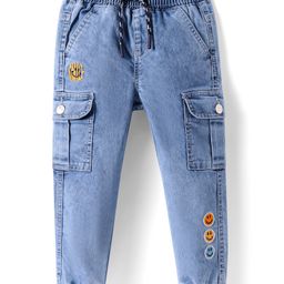Babyhug Full Length Washed Denim Jeans with Smiley Embroidery - Blue-image-82