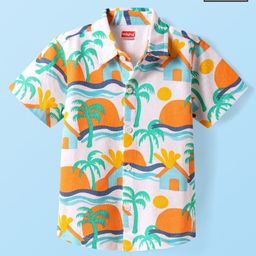 Babyhug Cotton Knit Half Sleeves Shirt With Beach Theme Print - White-image-99