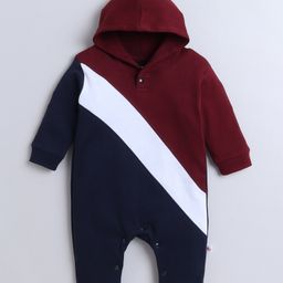 BUMZEE Cotton Knit Full Sleeves Cut & Sew Hooded Romper - Maroon & Navy Blue-picture-10