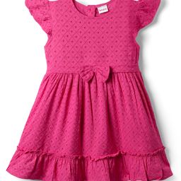 Babyhug Rayon Woven Knit Frill Sleeves Schifilli Frock with Bow Applique - Dark Pink-image-94