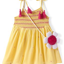 Babyhug Rayon Woven Sleeveless Dress With Smocked Yoke & Sling Bag - Light Yellow-image-26