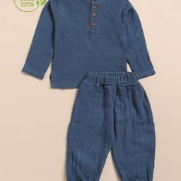 Cot & Candy Organic Cotton Full Sleeves Solid Tee With Lounge Pants Set - Navy Blue-image-75