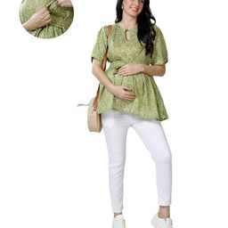 Mom for sure by Ketki Dalal 100% Cotton Woven Half Sleeves Bandhani Printed Maternity Top With Concealed Zipper Nursing Access - Light Green-image-65