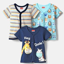 Babyhug 100% Cotton Half Sleeves Front Open Jhablas With Stripes & Animals Print Pack Of 3 - Navy Blue White & Light Blue.-image-52