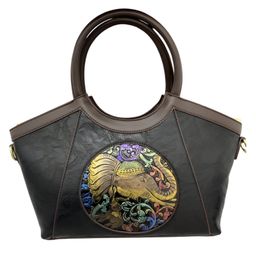 SYGA Women Artisan Embossed Elephant Handbag Horizontal Square Vintage Tote for Daily Match(Black)-picture-1