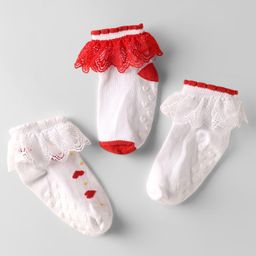 Cute Walk by Babyhug Knit Anti Bacterial Ankle Length Anti Skid Frill Socks Pack of 3 - White & Red-picture-19
