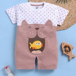 TOONYPORT Cotton Knit Half Sleeves Cat & Fish Printed Romper - Brown-image-18