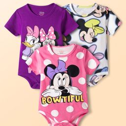 Babyhug Disney Interlock Knit Half Sleeves Onesies with Minnie Mouse & Family Graphics Pack of 3 - White Purple & Pink-picture-10
