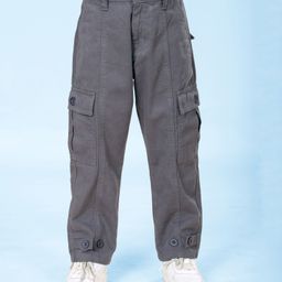 Kiddopanti Cotton Woven Front Cut & Sew Detailed Solid Cargo Pant With Bottom Tab - Grey-image-77