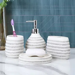 TAYHAA White & Grey 4 piece Striped Resin Bath Accessories Set-43