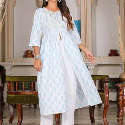 IKRASS Women Floral Printed Cotton Anarkali High Slit Kurta with Trousers & Dupatta-picture-49