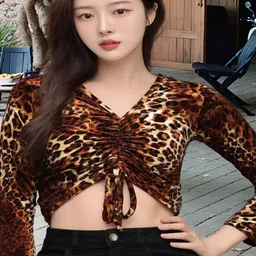 VANGULL Women Animal Printed V-Neck Tie-Ups Blouson Crop Top-picture-42