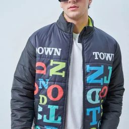 Bewakoof Men Black Nylon Relaxed Fit Print Casual Jacket-picture-10
