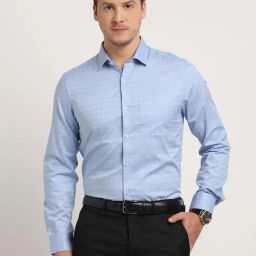 Turtle Light Blue Cotton Slim Fit Checks Shirt-image-78