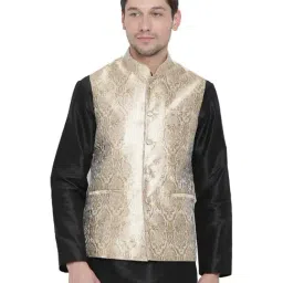 VASTRAMAY Beige Straight Fit Self Pattern Nehru Jacket-25