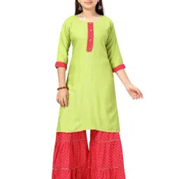 Aarika Kids Green & Rani Pink Printed Kurti with Sharara-image-79