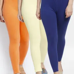 Gracit Blue & Cream Mid Rise Leggings - Pack Of 3-image-63