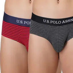 U.S. Polo Assn. Grey & Red Cotton Regular Fit Striped Briefs - Pack Of 2-image-55