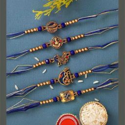 eCraftIndia Set of 5 Blue & Golden Religious Rakhis with Sibling Agreement & Roli Chawal Pack-image-13