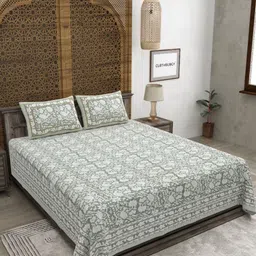 CLOTHOLOGY Green & White Floral 180 TC King Bedsheet with 2 Pillow Covers-20