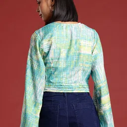 all about you Geometric Print Flared Sleeve Wrap Crop Top image 2