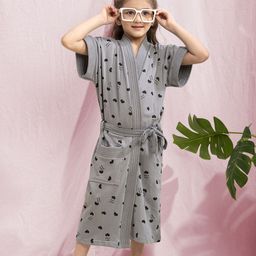 HotGown Kids Grey Floral Printed Terry Cotton Bath Robe-image-88