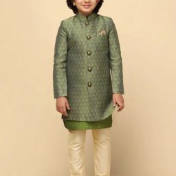 KISAH Green & Cream Printed Full Sleeves Kurta, Sherwani with Pyjamas-image-1