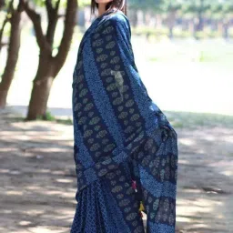 Chidiyaa Blue Block Printed Cotton Mul Saree image 1