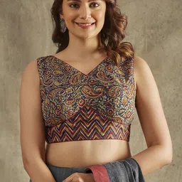 SALWAR STUDIO Kalamkari Block Printed Sleeveless Readymade Saree Blouse-11