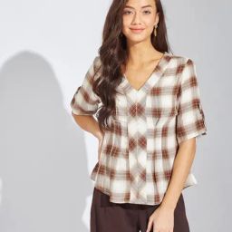 Latin Quarters Brown Checks Short Sleeves Tops-image-44