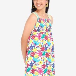 Bonkids Girls Floral Printed Shoulder Strap Smocked Cotton A-Line Dress-picture-1
