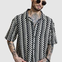 Snitch Men Relaxed Oversized Fit Cuban Collar Chevron Printed Cotton Casual Shirt-image-53