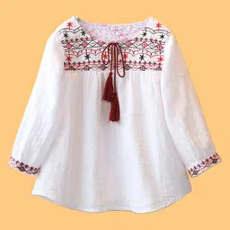 White Button Girls Floral Embroidered Tie-Up Neck Top-image-16