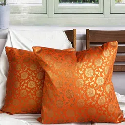 Pink Parrot Orange & Gold-Toned 2 Pieces Ethnic Motifs Jacquard Silk Square Cushion Covers-image-20