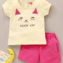 Babyhug Cotton Half Sleeves Tee & Shorts Set Dot Print & Kitty Embroidery- Pink-image-9