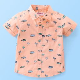 Babyhug Cotton Woven Half Sleeves Regular Collar Shirt Car Print- Orange-image-43