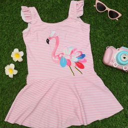 Yellow Bee Frill Cap Sleeves Flamingo Printed & Striped Frock Swimsuit - Pink-image-25