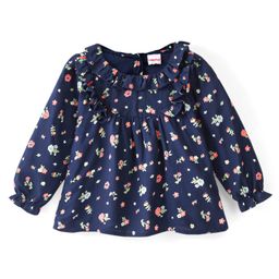 Babyhug Rayon Full Sleeves Floral Printed Top with Frill Detailing - Navy Blue-image-2