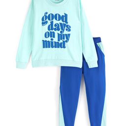 Honeyhap Premium Cotton Rich Brushed Fleece Full Sleeves Text Printed Sweatshirt & Lounge Pant Sets with Bio Finish - Blue Tint & Blue Quartz-picture-11