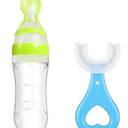Enorme Silicone Easy Squeezy Spoon Food Feeder with U-shaped Soft Silicone Mouth Cleaning Toothbrush For Kids-4