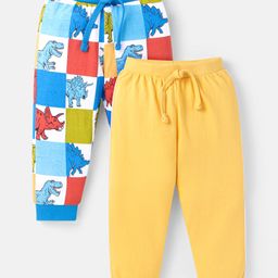 Babyhug Cotton Knit Full Length Dino Printed Lounge Pants Pack of 2 - Blue & Yellow-image-13