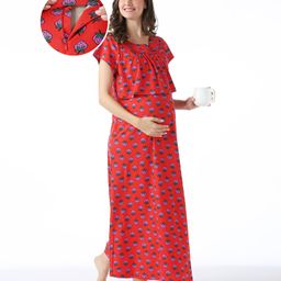 Bella Mama Cotton Knit Half Sleeves Concealed Zipper Strawberry Print Nighty - Red-image-57