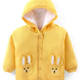 Babyhug Knitted Full Sleeves Hooded Front Open Sweater with Bunny Applique - Yellow-picture-19