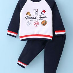 Ollypop Fleece Knit Full Raglan Sleeves Winterwear T-Shirt & Pant Set With Food & Text Embroidery - White-image-76