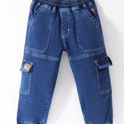 Little Kangaroos Cotton Full Length Denim Jeans with Cargo Pockets Solid Colour - Blue-image-25