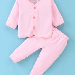 Mom's pet Cotton Full Sleeves Solid Ribbed Thermal Set - Light Pink-image-71