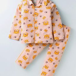 OHMS Single Jersey Knit Full Sleeves Night Suit with Cub Print - Light Peach-image-25