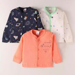 Mini Donuts Interlock Knit Full Sleeves Front Open Vests with Text & Space Theme Print Pack of 3 - White Orange & Navy Blue-picture-7