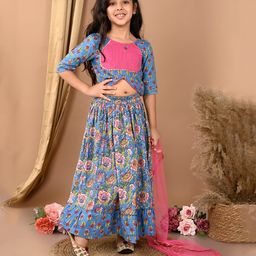 Kinder Kids Half Sleeves Floral Printed Lehenga With Choli & Dupatta - Blue-image-113