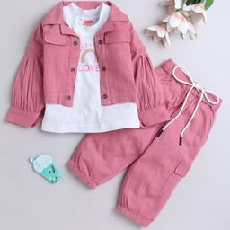 Twetoons Woven Full Sleeves Shirt Style Top With Text Printed Inner Tee & Lounge Pants - Pink-image-30